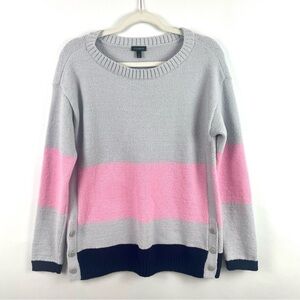Talbots Cozy Knit Sweater Pink Gray Navy Color Block Side Buttons Soft Plush M